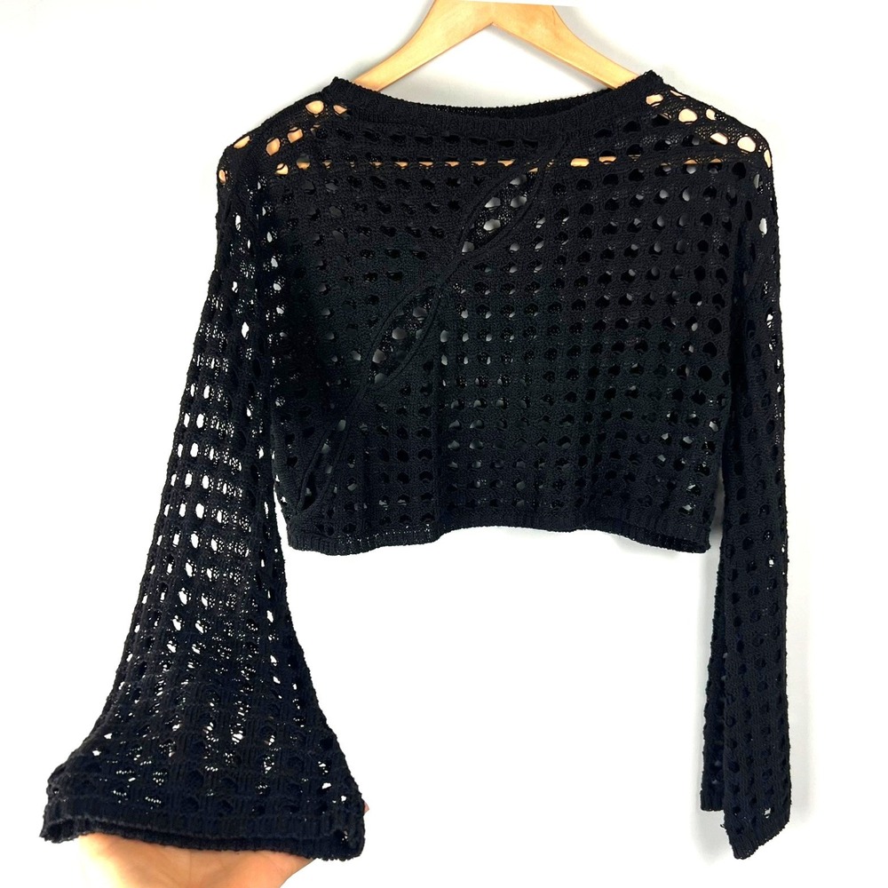 Black Open Knit Cropped Sweater Slash Detail Top M Flared Sleeve Goth Grunge Y2k